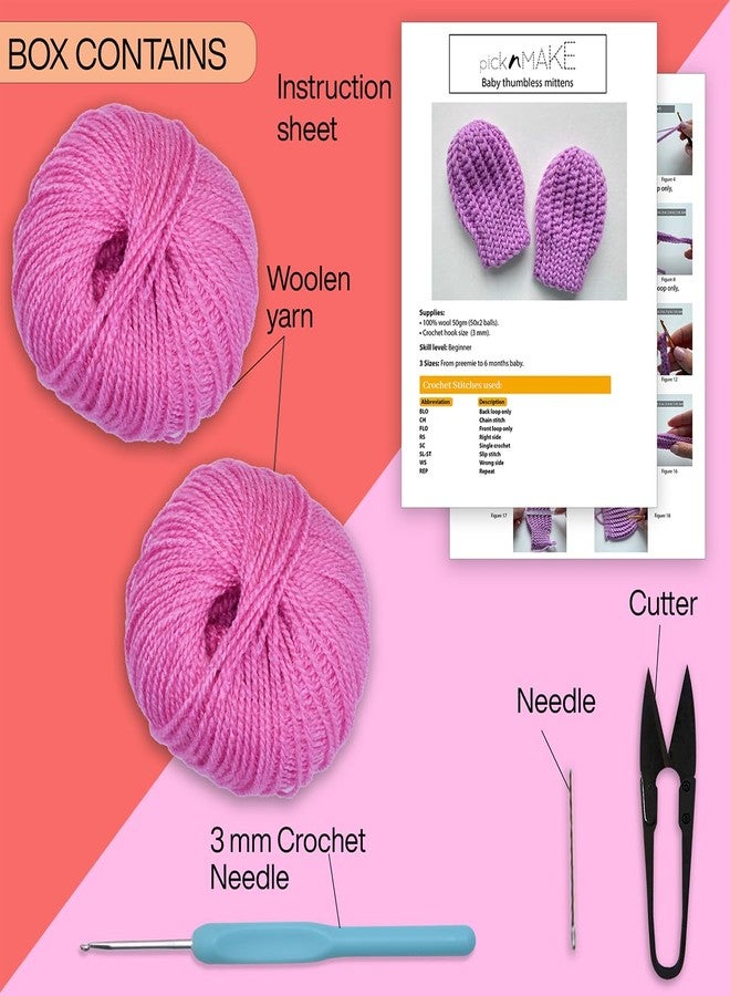 picknMAKE DIY Crochet Set of Baby Thumbless Mittens Kit for Beginners Adult- Includes Purple Pink Wool, 3mm Crochet Hook, Needles, Cutter & Step-by-Step Instructions - Image 2